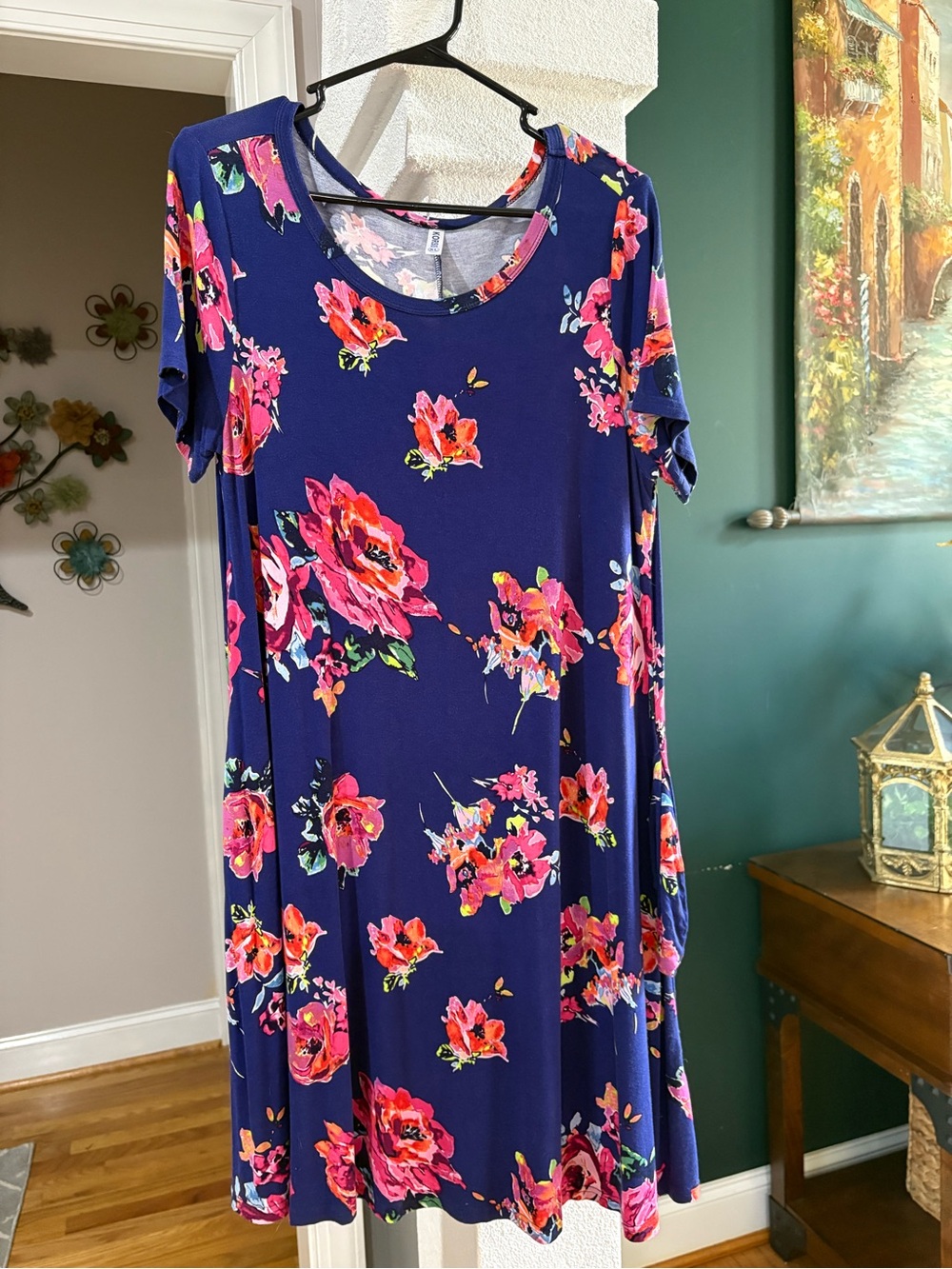 Navy Midi Dress with Pink Floral Print